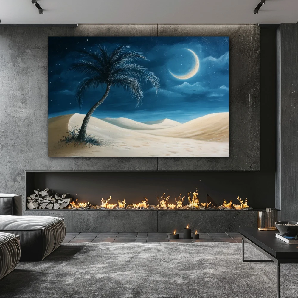 Wall Art titled: Dreams Under the Moon in a Horizontal format with: Beige, and Navy Blue Colors; Decoration the Fireplace wall