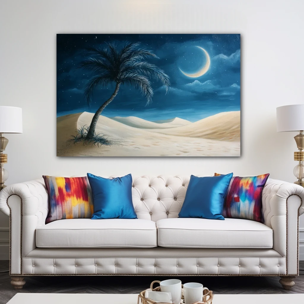 Wall Art titled: Dreams Under the Moon in a Horizontal format with: Beige, and Navy Blue Colors; Decoration the Above Couch wall