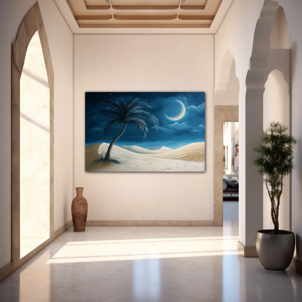 Wall Art titled: Dreams Under the Moon in a Horizontal format with: Beige, and Navy Blue Colors; Decoration the Entryway wall