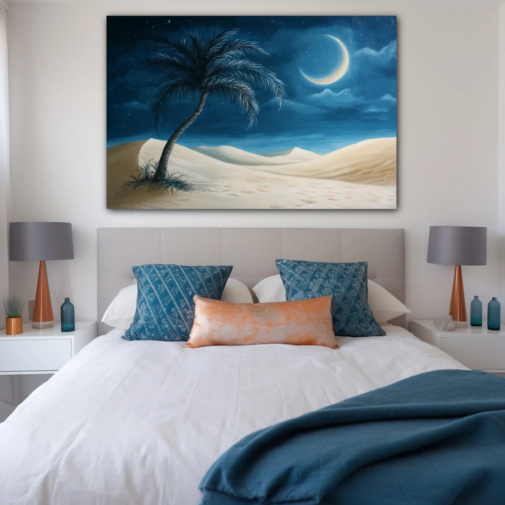 Wall Art titled: Dreams Under the Moon in a Horizontal format with: Beige, and Navy Blue Colors; Decoration the Bedroom wall