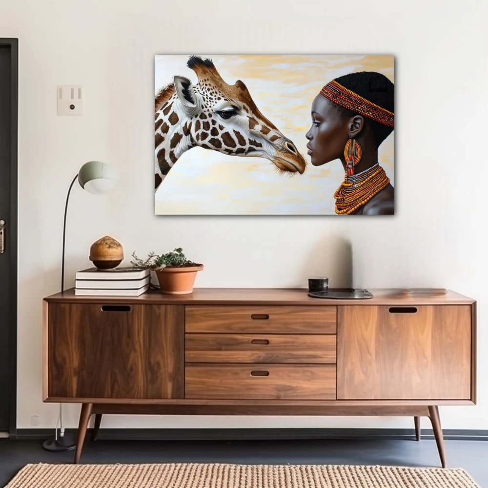 Wall Art titled: Ancestral Union in a Horizontal format with: Brown, and Beige Colors; Decoration the Sideboard wall