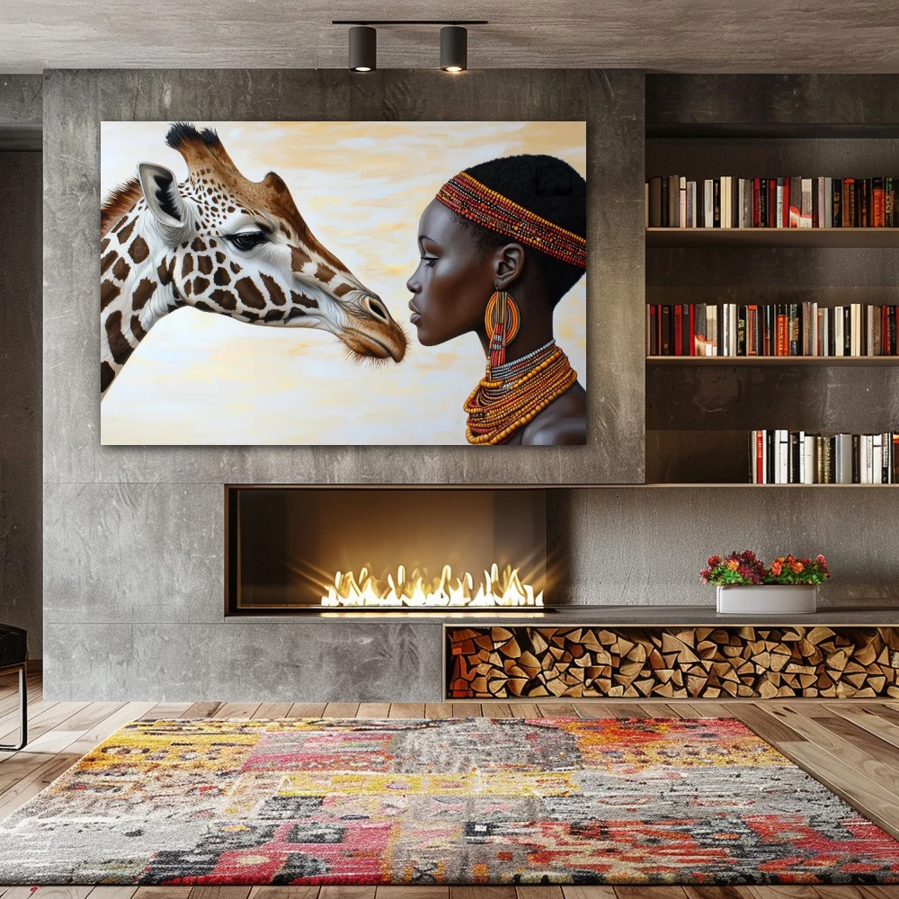 Wall Art titled: Ancestral Union in a Horizontal format with: Brown, and Beige Colors; Decoration the Fireplace wall