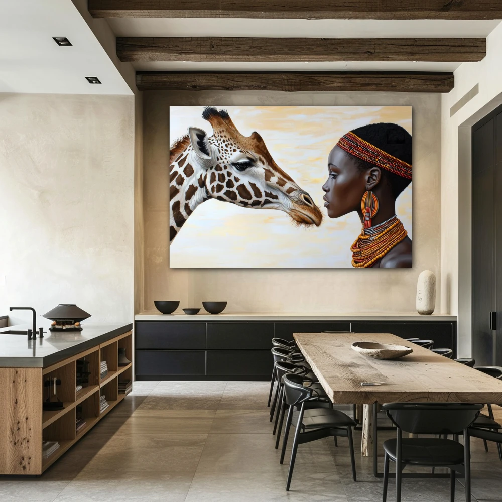 Wall Art titled: Ancestral Union in a Horizontal format with: Brown, and Beige Colors; Decoration the Kitchen wall