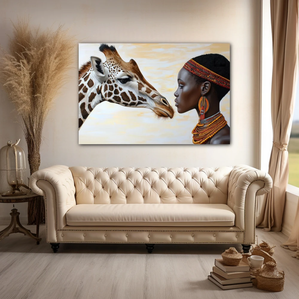 Wall Art titled: Ancestral Union in a Horizontal format with: Brown, and Beige Colors; Decoration the Above Couch wall